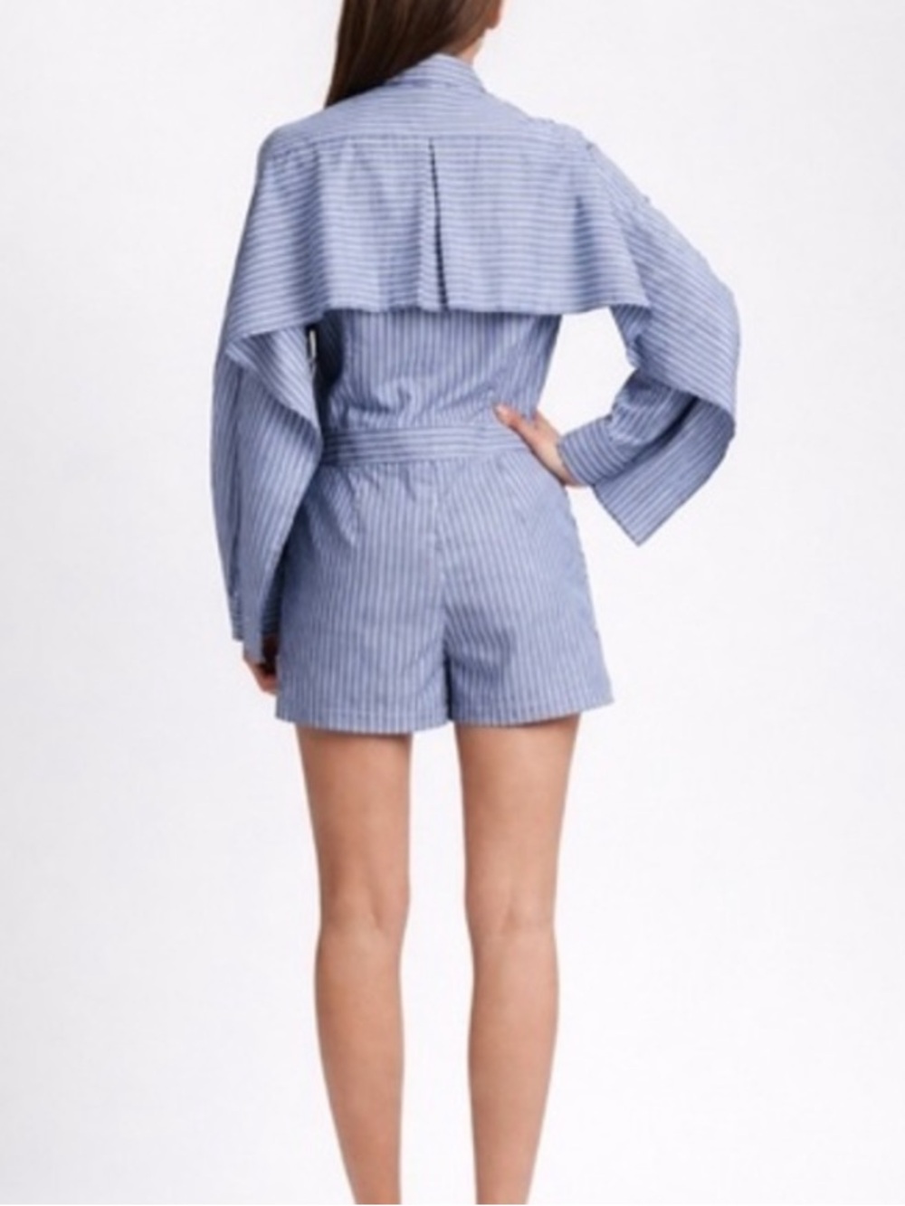 BCBGMAXAZRIA Clarence Chambray Stripe Shirt Romper Blue White Size S NWT